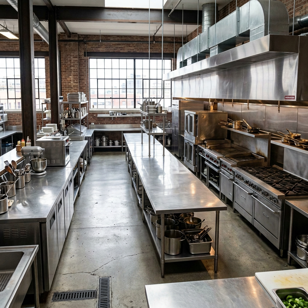 Chefs preparing food and cooking in a commercial kitchen with stainless steel equipment