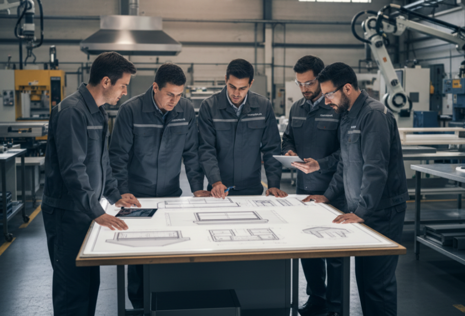 Professional industrial kitchen engineering team reviewing stainless steel equipment plans in a factory setting, corporate documentary style, natural light, focused workers in clean uniforms